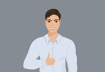 Confident happy smiling man show thumb up. Gesture "like, cool, awesome, everything OK, well done, good job". Vector illustration.