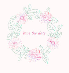 Wreath, frame with pink flowers (zinnia, camomile, sunflower, daisy). Elegant floral background for Save the date, Women`s day, Valentine`s day, Mother`s day card. Vector illustration.