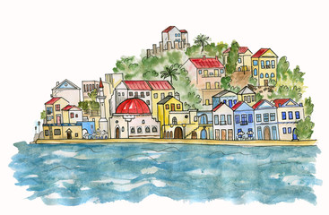 Southern city by the sea. Watercolor illustration.