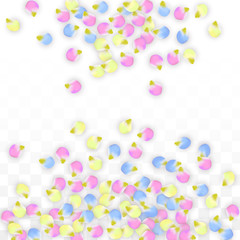 Vector Realistic Colorful Petals Falling on Transparent Background.  Spring Romantic Flowers Illustration. Flying Petals. Sakura Spa Design. Blossom Confetti. Design Elements for Wedding Decoration.