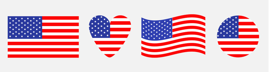 American flag icon set. Waving, heart, round shape. Happy Independence day sign symbol. Isolated. White background. Flat design element.