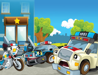 cartoon scene with police car and sports car car at city police station and ambulance - illustration for children