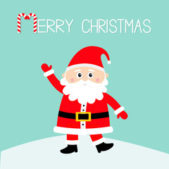 Fototapeta na wymiar Merry Christmas. Santa Claus on snowdrift. Happy New Year. White moustaches, beard. Red hat. Cute cartoon funny kawaii baby character. Greeting card. Flat design. Blue background.