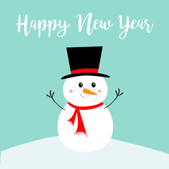 Happy New Year. Snowman standing on snowdrift. Carrot nose, black hat. Merry Christmas.Cute cartoon funny kawaii character. Greeting card. Blue winter background. Flat design.