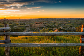 Sunset over North Dakota Badlands landscape 