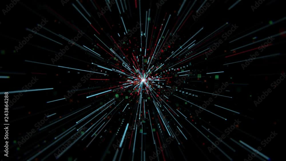 Poster 3d render loopable sequence with particles flies from center of screen. digital, technology or artif