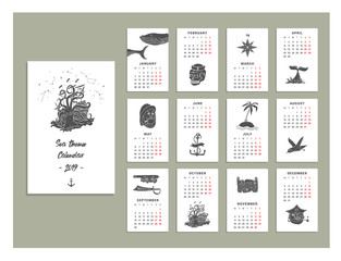 Marine themes & tattoo. Sailor. Ocean. Octopus. Whale. Skull. Anchor. Vector illustration in doodle style. Sea theme calendar 2019.
