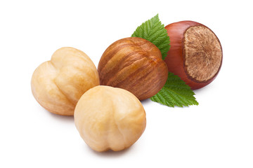 Hazelnuts with leaves, isolated on white background