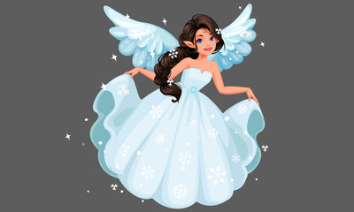 Beautiful cute snow fairy with long braided hairstyle holding her long snowy dress © Pallavi
