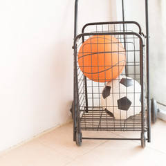Basketball and Football in shopping cart..