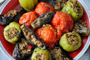 Classical Azerbaijani dolma with eggplant, tomato and pepper (Summer or three sisters dolma) 