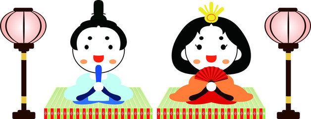 Japanese cute Hina dolls on tatami sheet with paper lantern