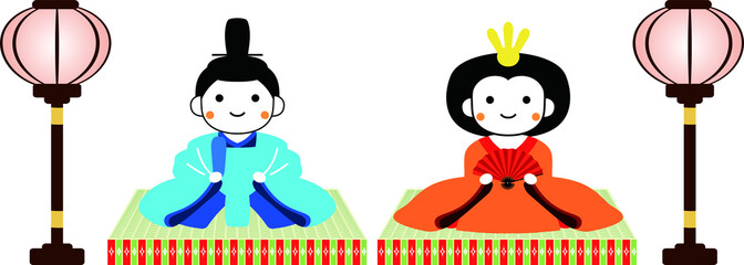 Japanese cute Hina dolls on tatami sheet with paper lantern