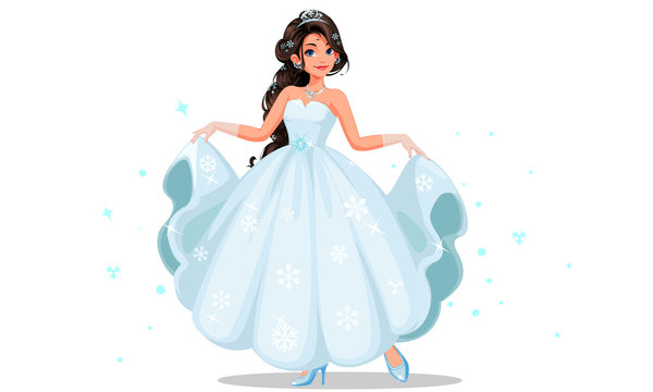 Piękna śliczna księżniczka trzyma jej długą biel sukni wektoru ilustrację z długą galonową fryzurą