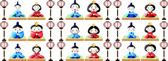 Japanese Gradation cute Hina dolls on tatami sheet with paper lantern set