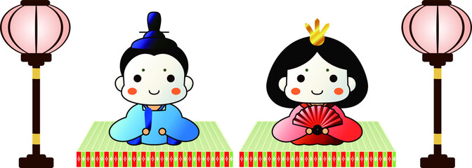 Japanese Gradation cute Hina dolls on tatami sheet with paper lantern