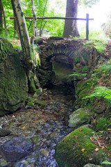 Ancient stone bridge over a stream of water in the woods