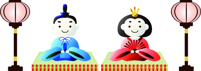 Japanese Gradation cute Hina dolls on tatami sheet with paper lantern