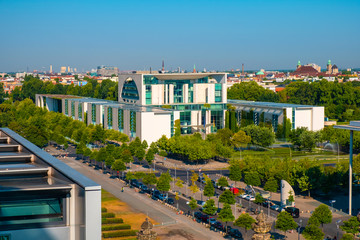 Fototapeta na wymiar Berlin, Germany - Panoramic view of the modern German Chancellery building - Bundeskanzieramt - main office of Chancellor of Germany and government headquarter