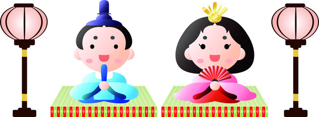 Japanese Gradation Hina dolls on tatami sheet with paper lantern