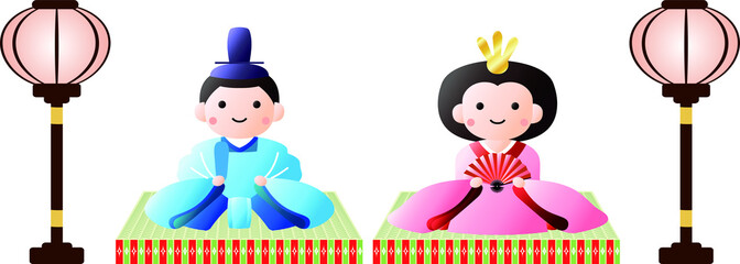 Naklejka premium Japanese Gradation Hina dolls on tatami sheet with paper lantern