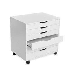 Stylish chest of drawers on white background. Furniture for wardrobe room