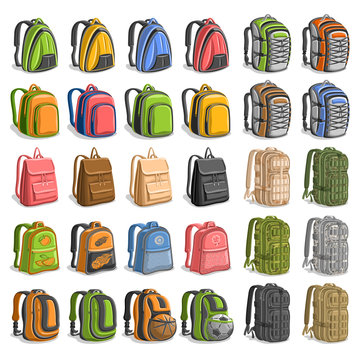 Vector set of various Backpacks, 30 cut out variety bags with straps and handle for army or trip, modern orange backpack for kids with soccer ball in pocket, big camo rucksacks on white background.