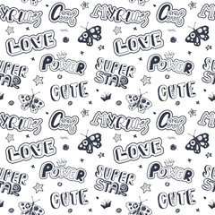 Girlish Fashion sketch seamless pattern with heart, stickers, text, stars, butterfly. Super star, Cool, my rules, power. Print design for T-shirts, banners, clothes, social media. Typography slogan.