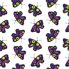 Funny sketch seamless pattern with color butterflies. Abstract Modern background for textiles. Girlish Print design for T-shirts, banners, clothes, social media.