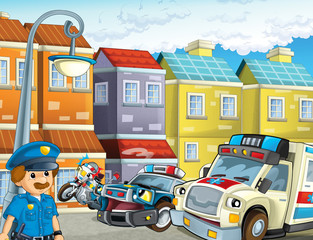 Plakat cartoon scene with police chase motorcycle driving through the city policeman and ambulance - illustration for children