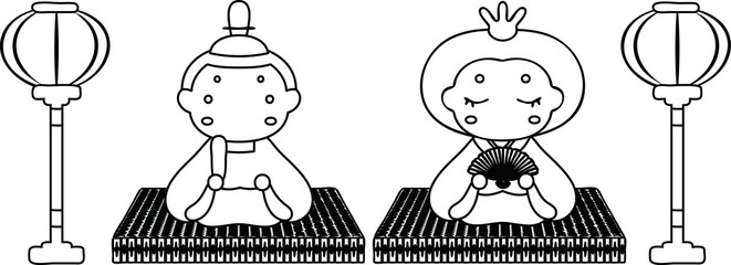 Japanese Hina dolls on tatami sheet with paper lantern outline