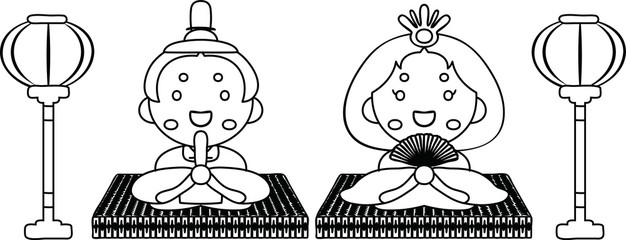 Japanese Hina dolls on tatami sheet with paper lantern outline