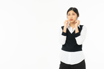 Fototapeta premium Business asian woman isolated on white. Young beautiful arab woman over isolated background .Unhappy stress serious woman.