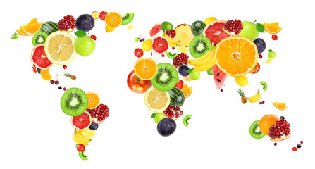 Collage of fresh fruits. World map