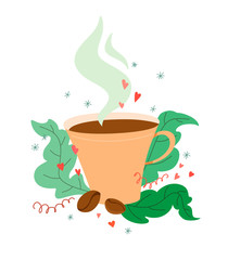 Unique and cute coffee mug with coffee beans in a cartoon style with decor. Vector on white background