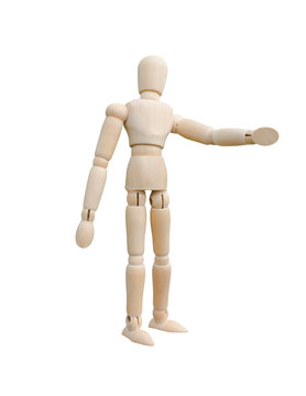 Wooden puppet isolate on white background, Wood mannequin hold hand up pointing ahead direction.