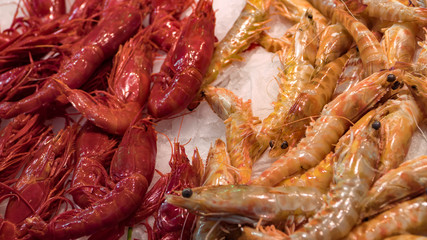 Pink fresh frozen shrimps with ice in a supermarket or fish shop. Uncooked seafood close up background. Fresh frozen prawns, delicacies, sea food concept, close up.