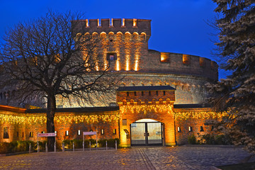 KALININGRAD, RUSSIA. Festive illumination of the Museum of Amber (tower of "Der Don")