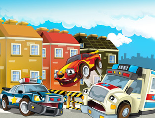 cartoon scene with police chase motorcycle and car driving through the city helicopter flying and ambulance - illustration for children