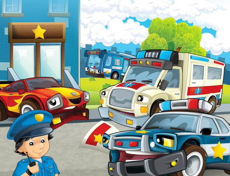 cartoon scene with police chase motorcycle car and bus driving through the city policeman near police station and ambulance - illustration for children