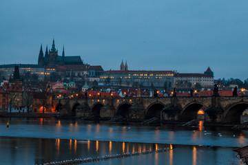 morning view of prague and karlov bridge