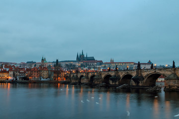 morning view of prague and karlov bridge
