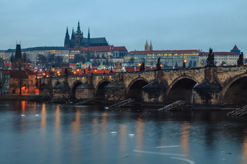 morning view of prague and karlov bridge
