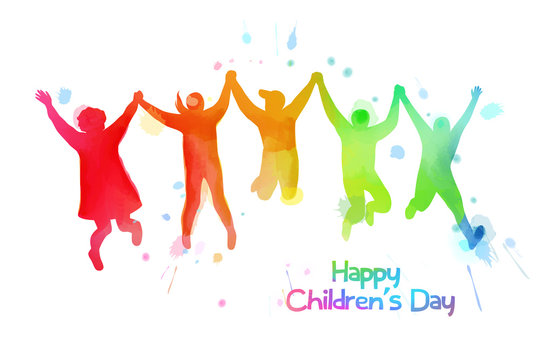 Watercolor of happy kids jumping together . Happy children's day.