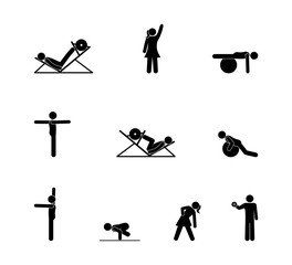 pictogram set gym, people play sports, stick figure man icon