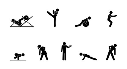 gym icons set, people play sports
