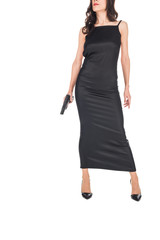 cropped view of female secret agent in black dress holding gun, isolated on white