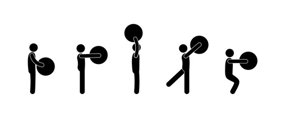exercises with the ball, a stick figure man icon, pictogram set, people engage with fitball