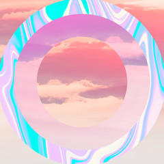 Aesthetic art collage with sky, clouds and circles frame with holographic foil.