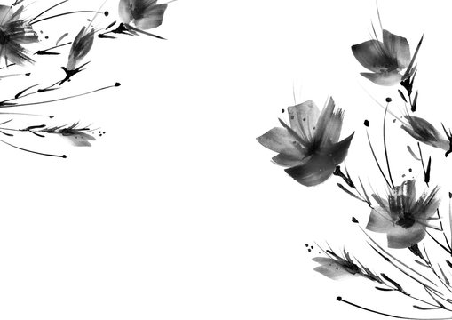 Fototapeta Watercolor painting. A bouquet of flowers of black silhouette poppies, wildflowers on a white isolated background. Hand drawn watercolor floral illustration, logo. Abstract splash of watercolor paint